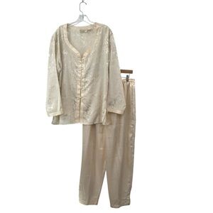 Vtg Victoria's Secret Cream Satin Pajamas Womens Large Button Top Elastic Pants